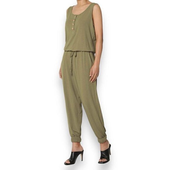 Sleeveless Button Up Scoop Neck Tapered Leg Knit Jogger Jumpsuit - Picture 1 of 11